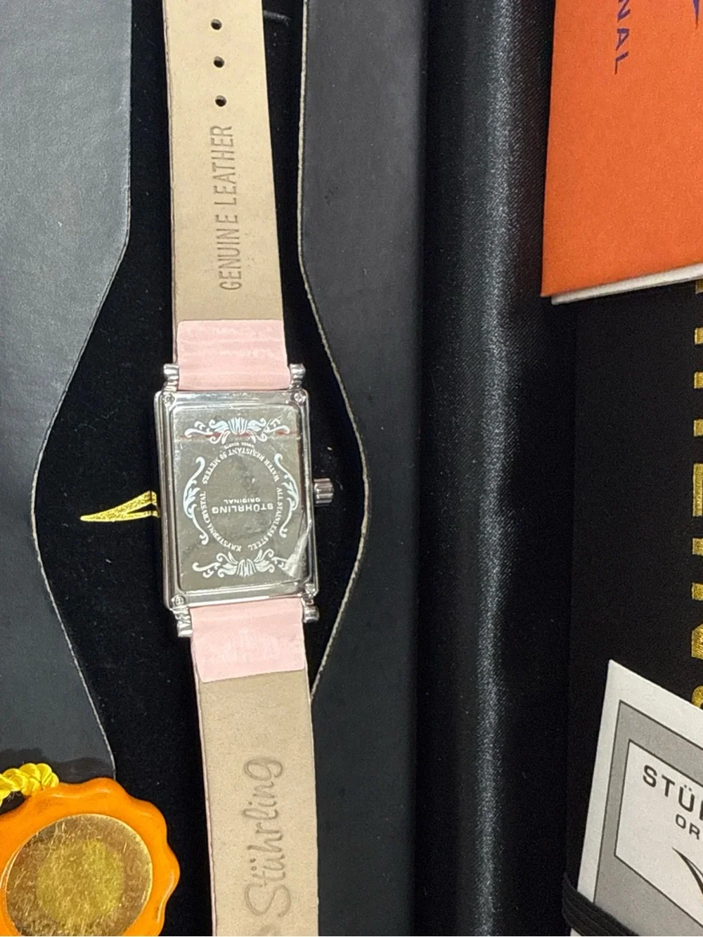 Stuhrling Original Pink Floral Rectangular Watch with Silver Case